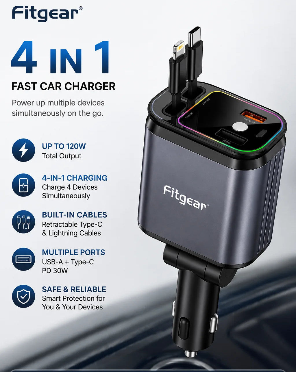 Fitgear Car Essentials Combo – FG-94 Vacuum Magnetic Phone Holder + 4-in-1 Fast Car Charger – car accessories bundle – mai...