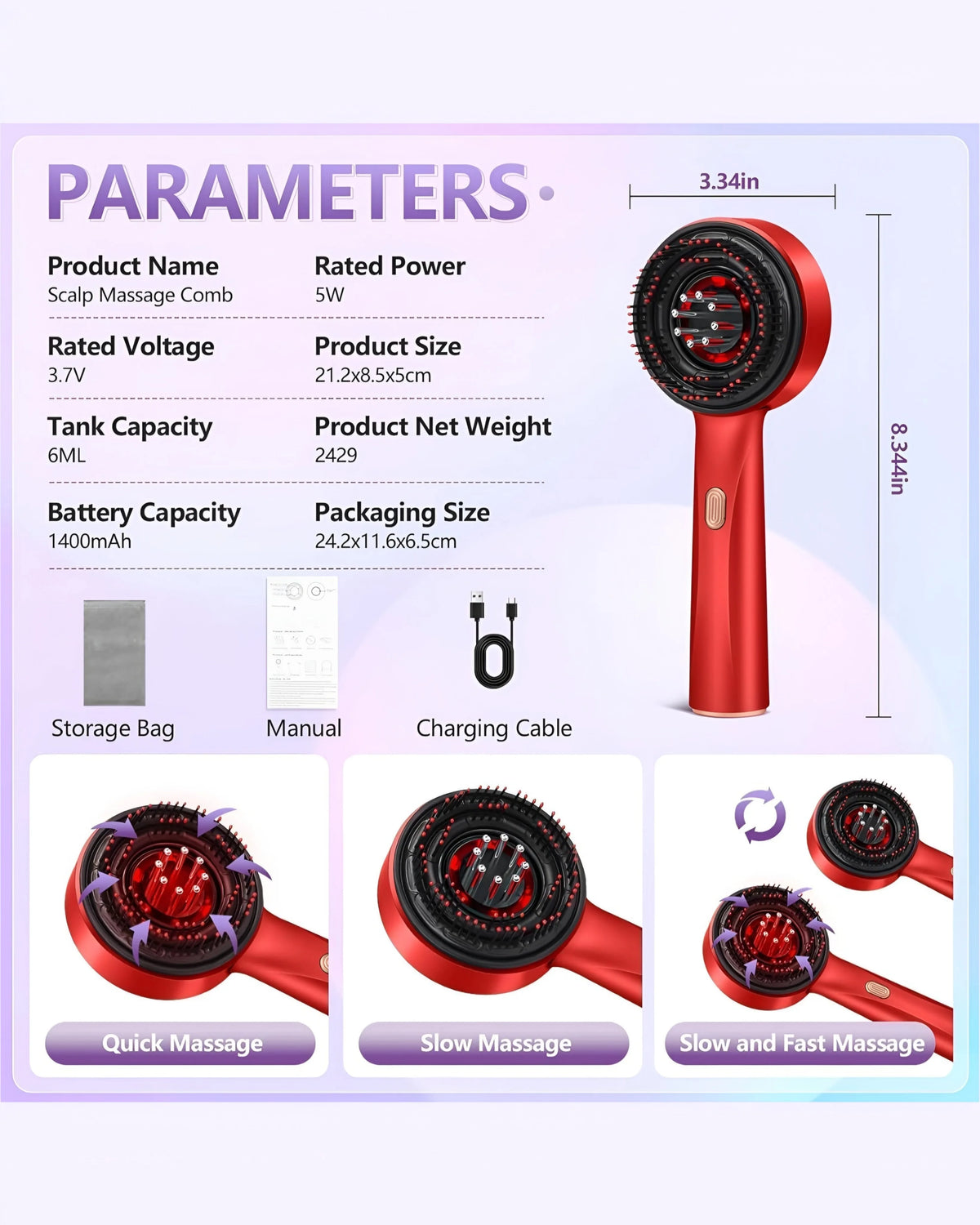 3-in-1 Electric Scalp Massager with Red Light Therapy & Oil Applicator – hair growth – product features and specifications
