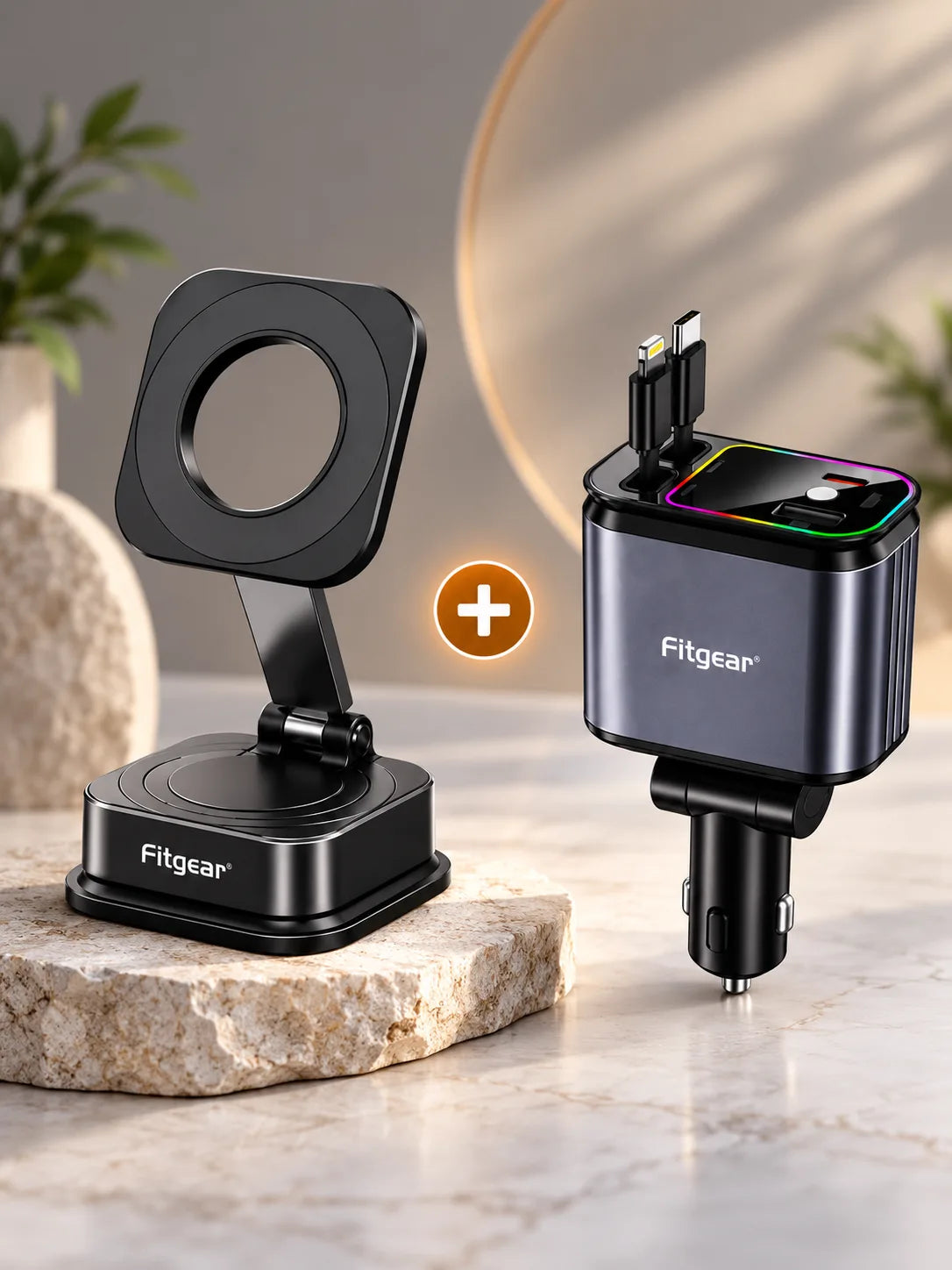 Fitgear Car Essentials Combo – FG-94 Vacuum Magnetic Phone Holder + 4-in-1 Fast Car Charger
