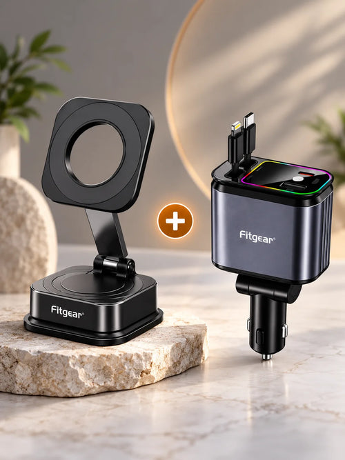 Fitgear Car Essentials Combo – FG-94 Vacuum Magnetic Phone Holder + 4-in-1 Fast Car Charger