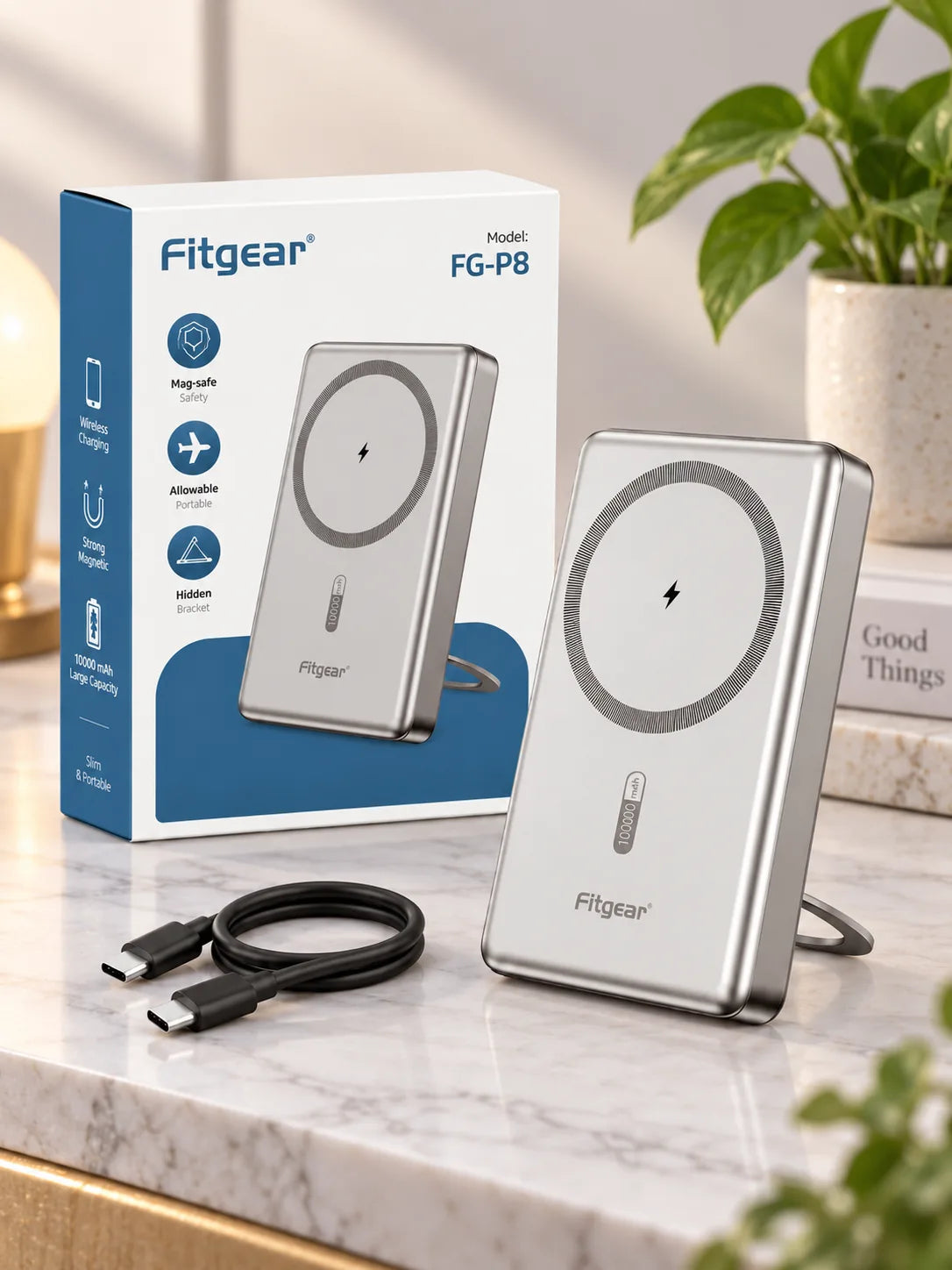 Fitgear FG-P8 10000mAh Magnetic Wireless Power Bank with Digital Display & Stand